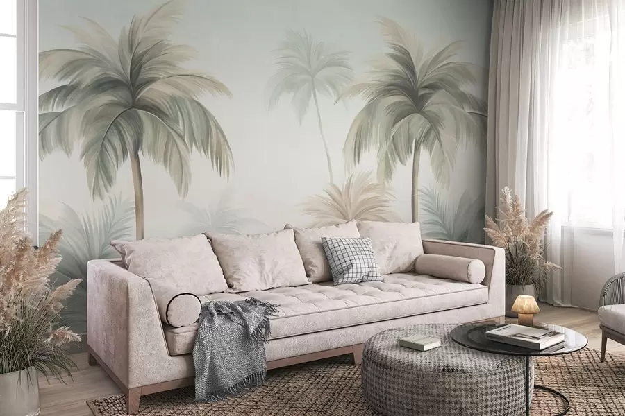 murales de pared Palmeras con hojas de textura rugosa en tonos verdes apagados y beige, recortadas contra un cielo suave w09770
