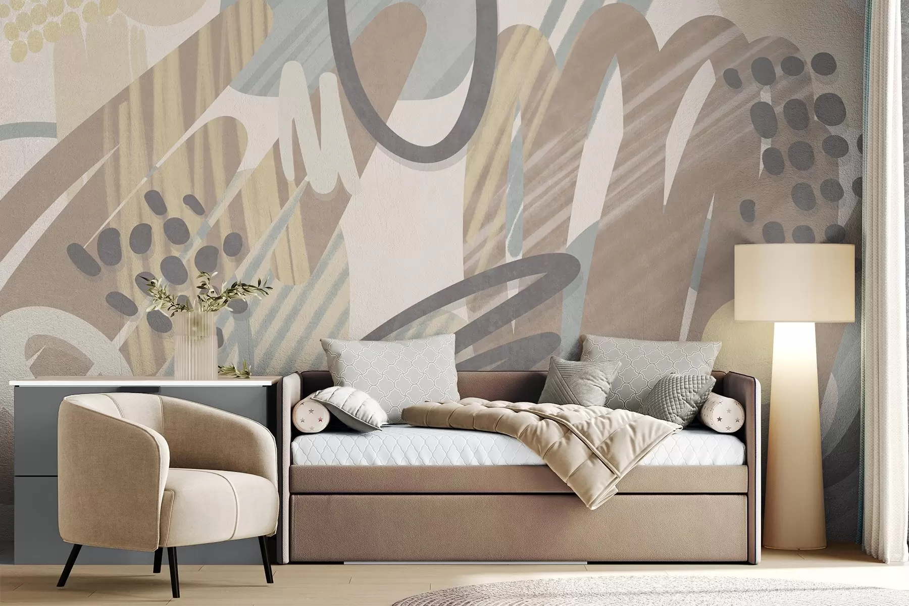 murales de pared Estampado abstracto con texturas, formas orgánicas, garabatos y puntos en tonos pastel apagados w09774