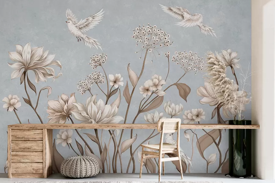 murales de pared Flores y pájaros sobre un fondo gris azulado w05118v2