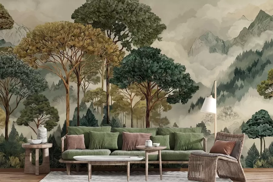 murales de pared Bosque con árboles altos en montañas envueltas en niebla w05410