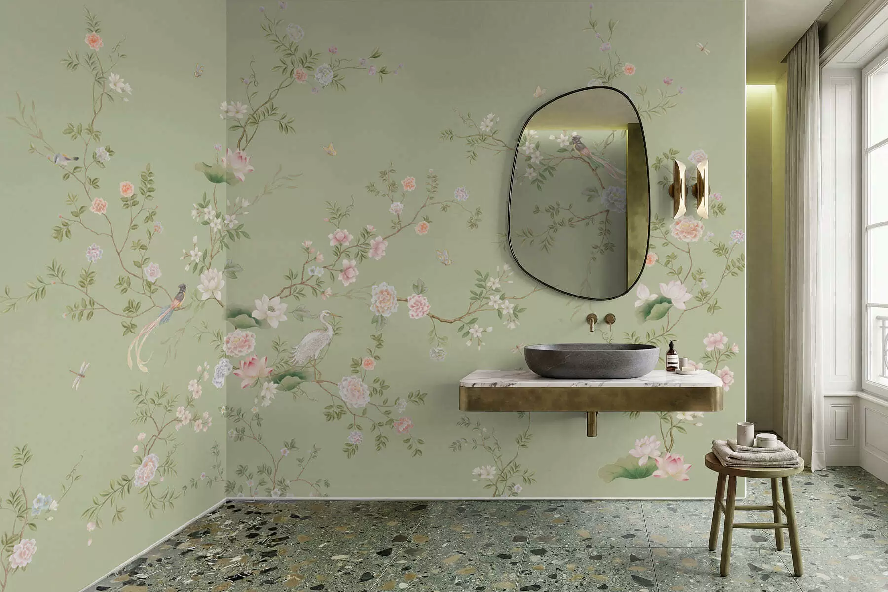 murales de pared Ramas en flor con pájaros sobre un fondo verde claro w05416