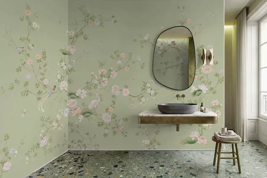 murales de pared Ramas en flor con pájaros sobre un fondo verde claro w05416