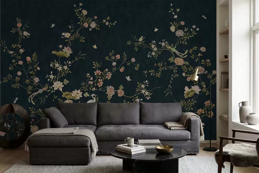 murales de pared Ramas en flor con pájaros sobre fondo oscuro w05416v3