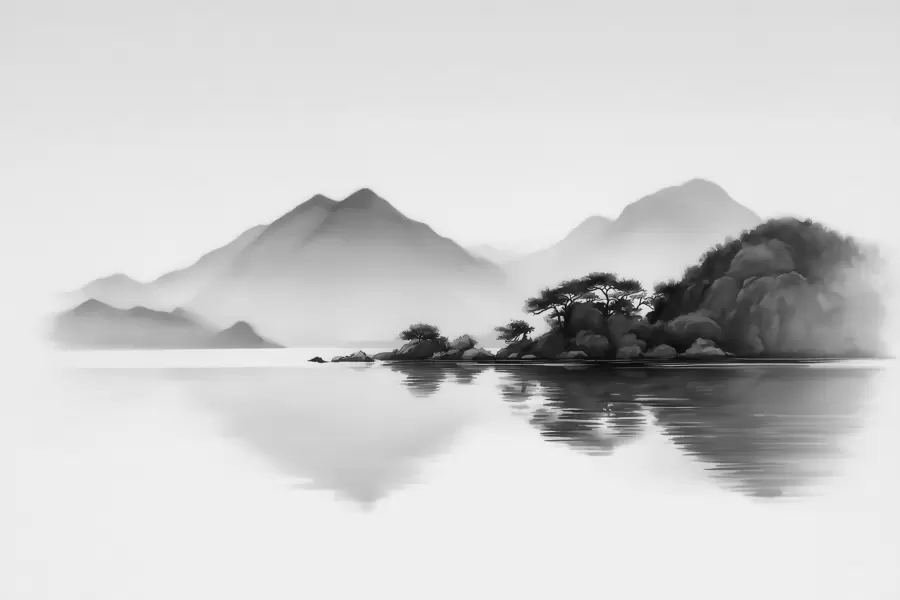 murales de pared Paisaje en blanco y negro con montañas y un lago envueltos en una suave niebla w09803