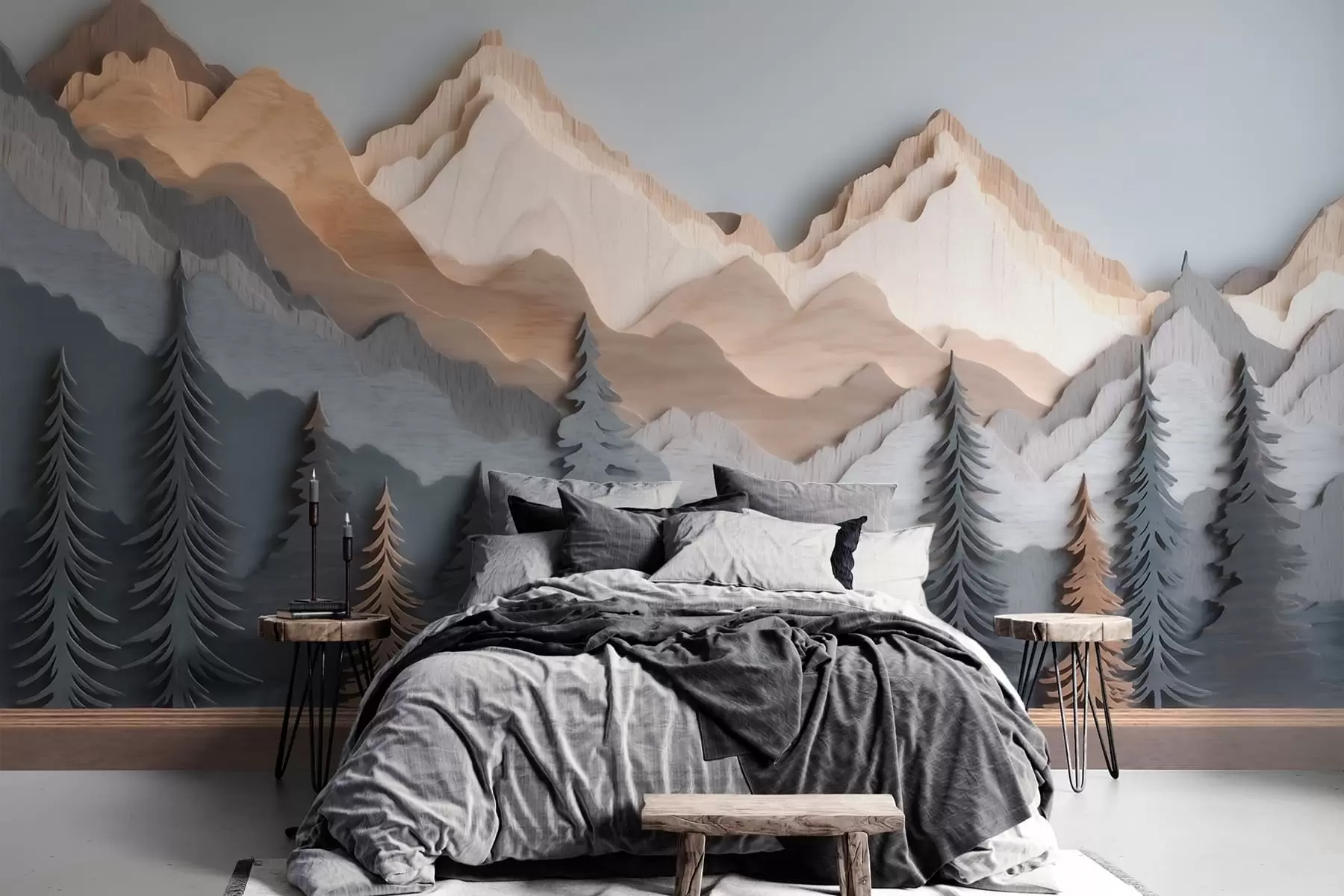murales de pared Paisaje natural con pinos y montañas, en estilo de madera tallada w09793