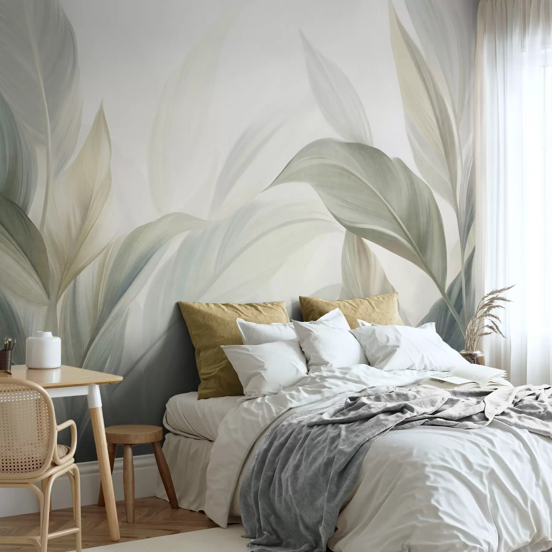murales de pared Hojas tropicales grandes de color verde pálido con tonos suaves y pasteles, obra de arte con textura w09816
