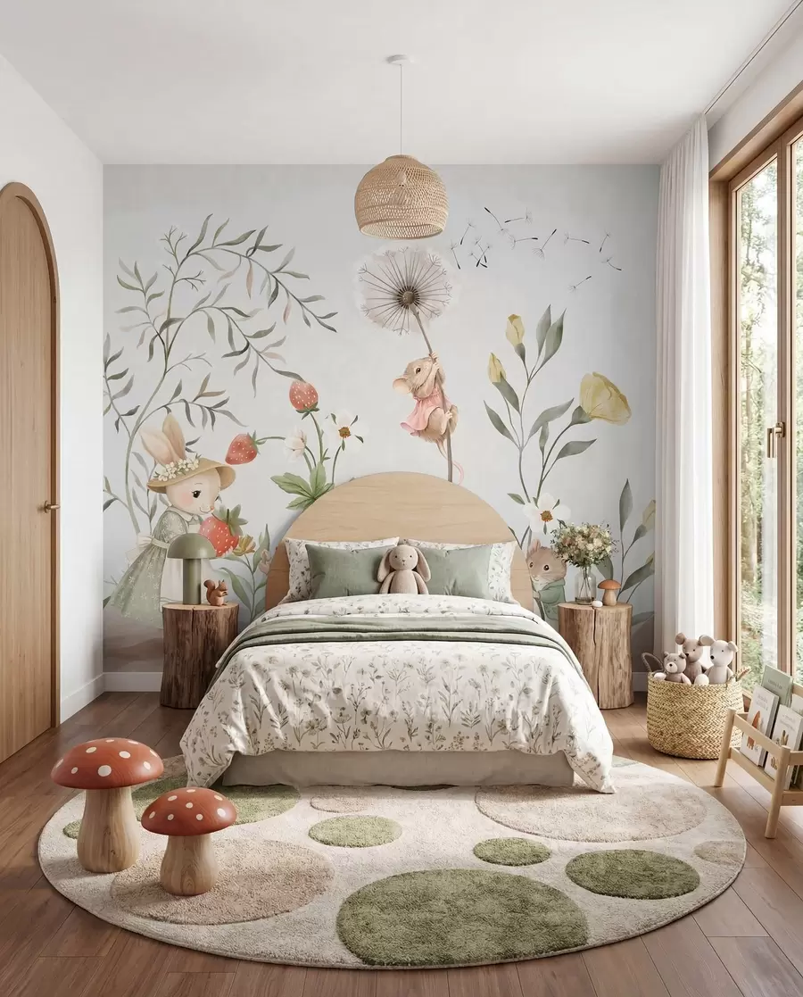 murales de pared Ilustración infantil de un conejito y un ratoncito entre plantas y flores w05422