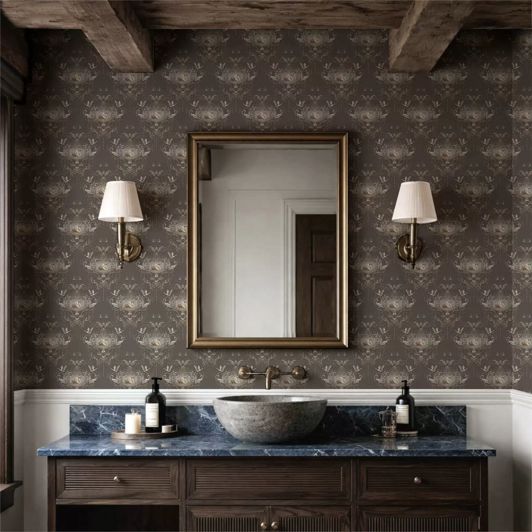 murales de pared Adorno con cisnes y pájaros de estilo clásico a01161