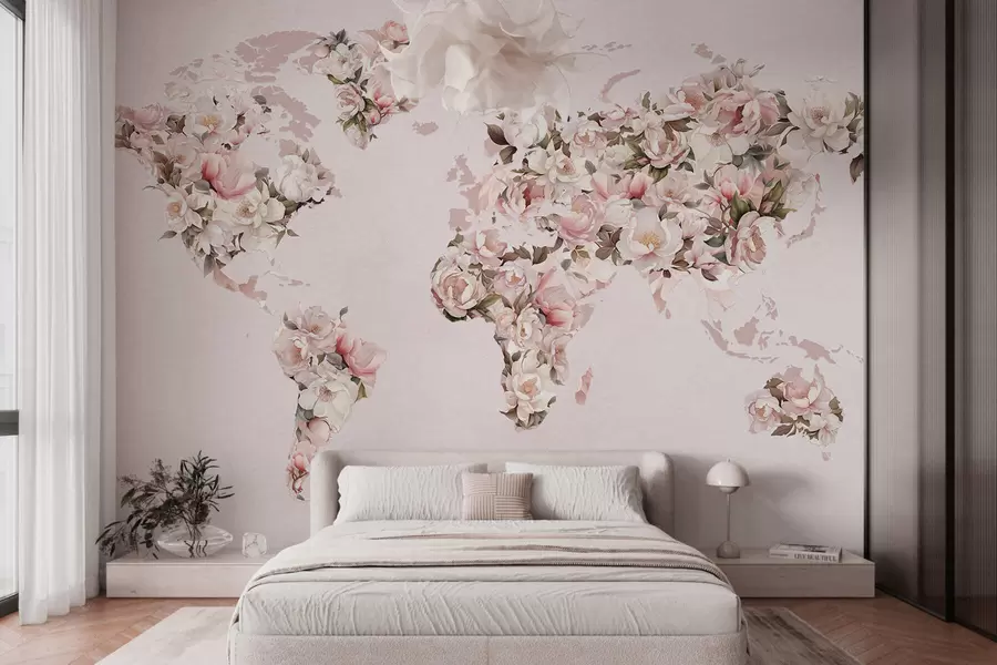 murales de pared Un mapamundi rosa compuesto por grandes peonías blancas y rosas c00005