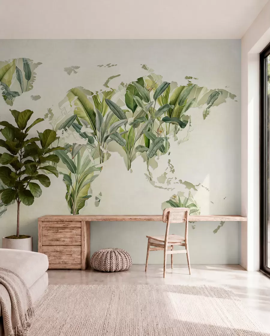 murales de pared Un mapa verde del mundo hecho con hojas de plátano c00007