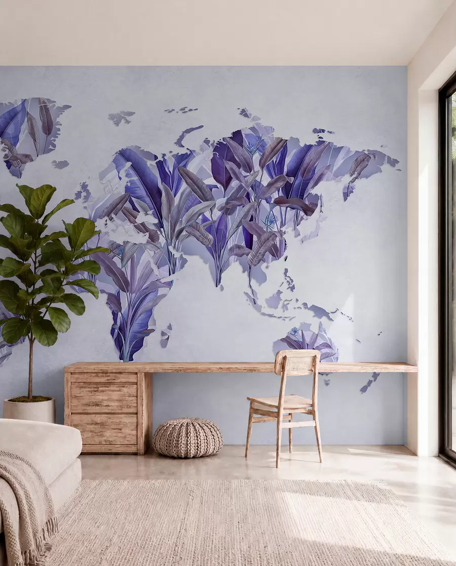 murales de pared Un mapamundi morado hecho con hojas de plátano c00007v1