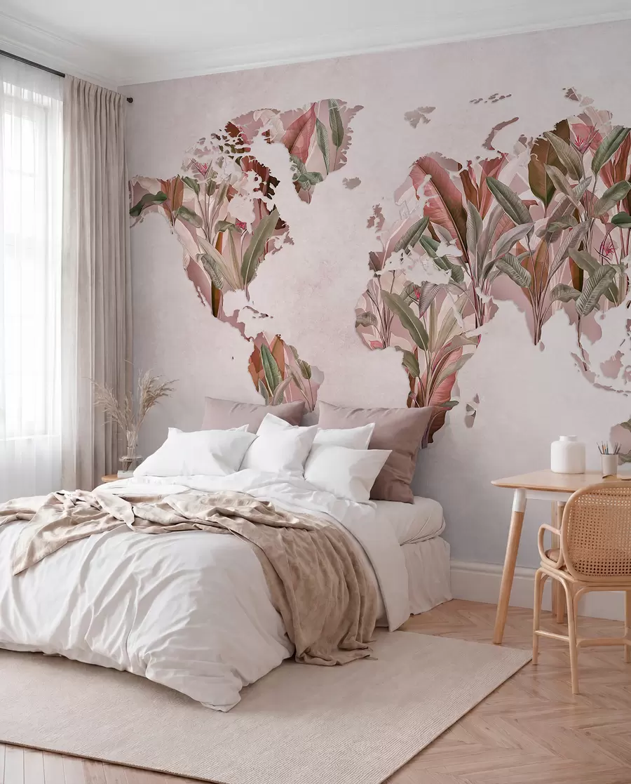 murales de pared Un mapamundi rosa hecho con hojas de plátano c00007v2