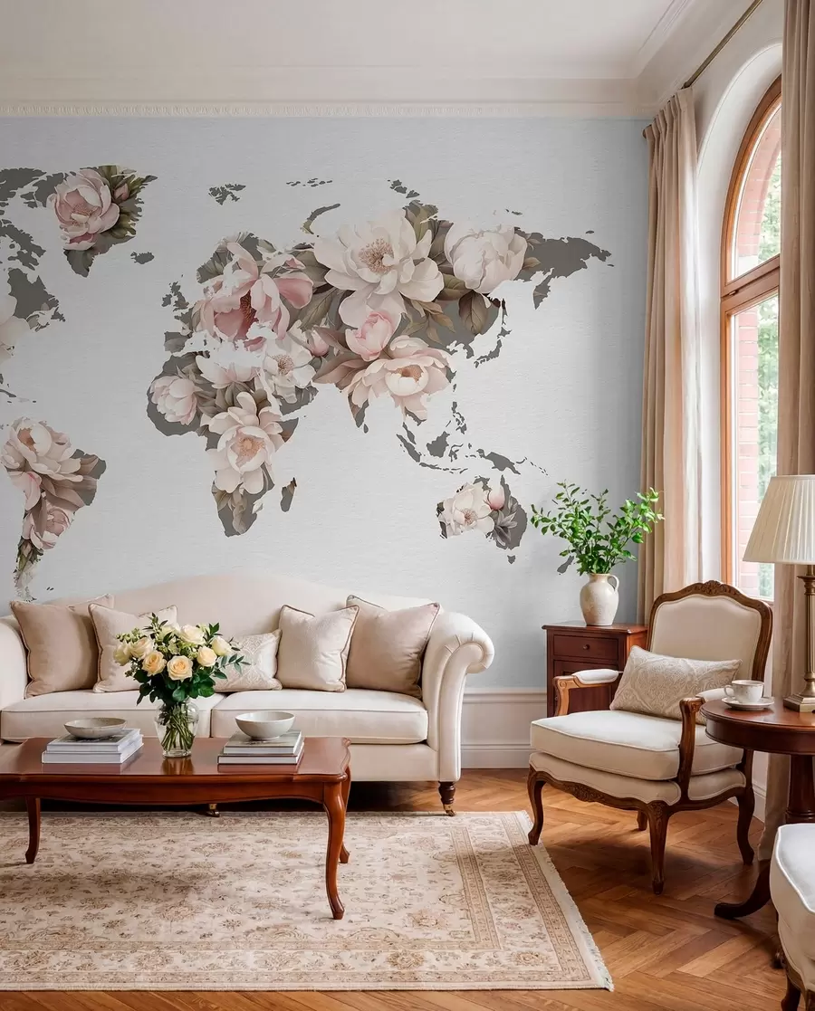 murales de pared Un delicado y cremoso mapamundi hecho con flores c00008