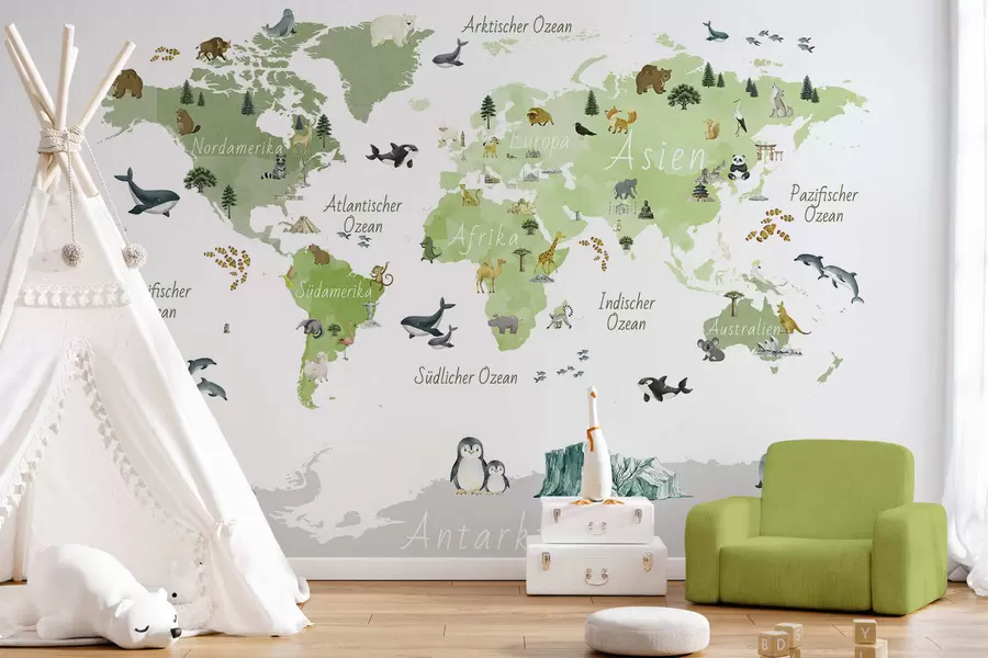 murales de pared Un mapa de Green en estilo acuarela con animales, plantas y arquitectura. Etiquetas en alemán c00009dev2