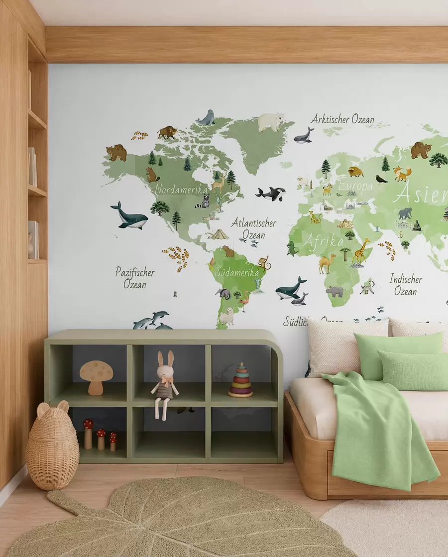 murales de pared Un mapa de Green en estilo acuarela con animales, plantas y arquitectura. Etiquetas en alemán c00009dev2