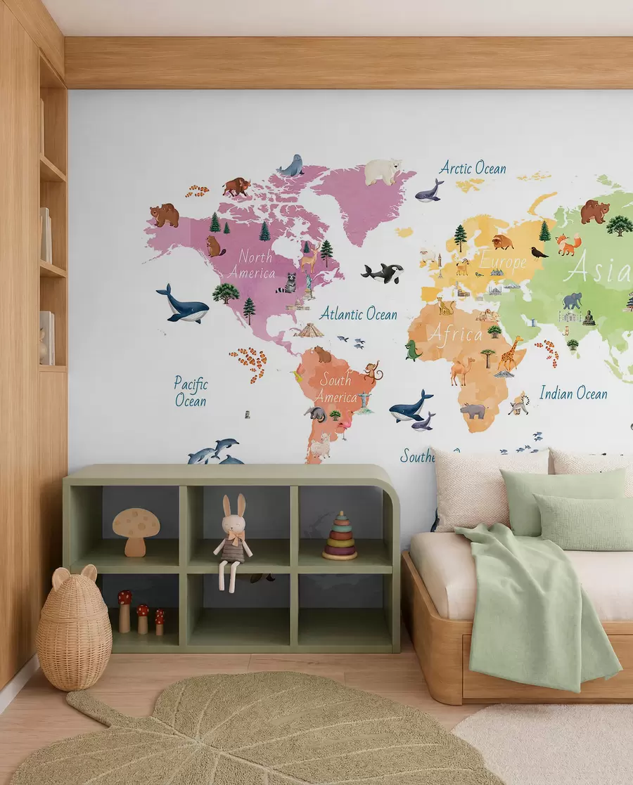 murales de pared Un mapa a color con estilo de acuarela en el que aparecen animales, plantas y elementos arquitectónicos. Etiquetas en inglés c00009en