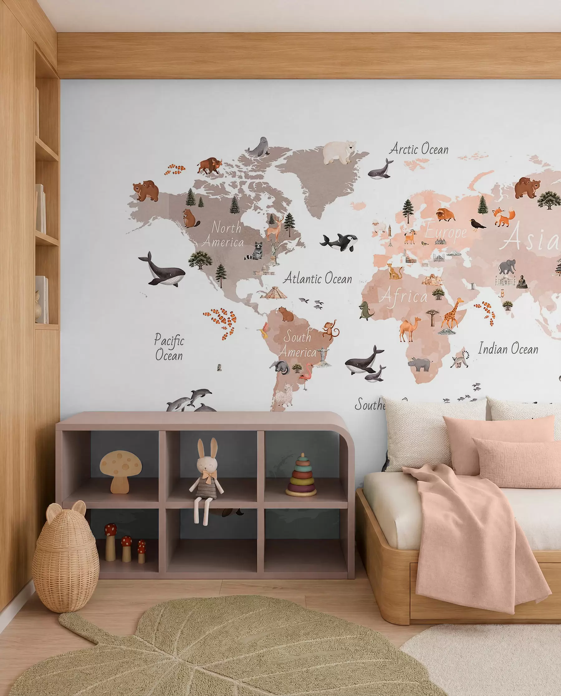 murales de pared Un mapa en tonos beige, con un estilo de acuarela, en el que aparecen animales, plantas y elementos arquitectónicos. Etiquetas en inglés c00009env3