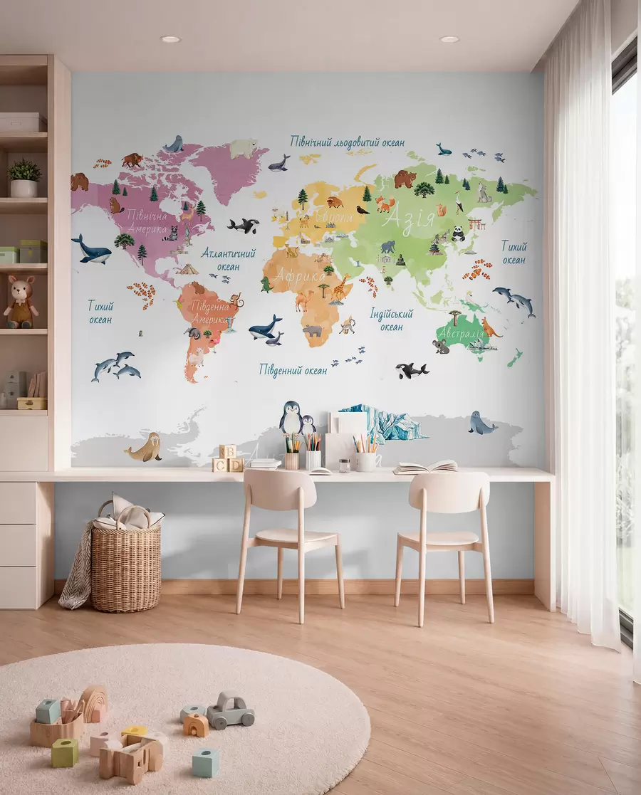 murales de pared Un mapa a color con estilo de acuarela en el que aparecen animales, plantas y elementos arquitectónicos. Etiquetas en ucraniano c00009uk
