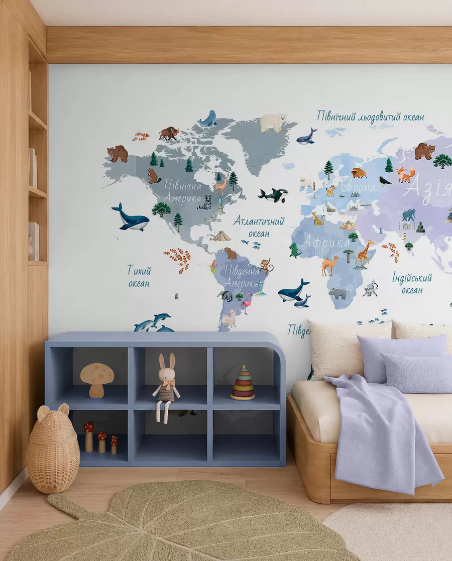 murales de pared Un mapa azul de estilo acuarela en el que aparecen animales, plantas y elementos arquitectónicos. Rótulos en ucraniano c00009ukv1