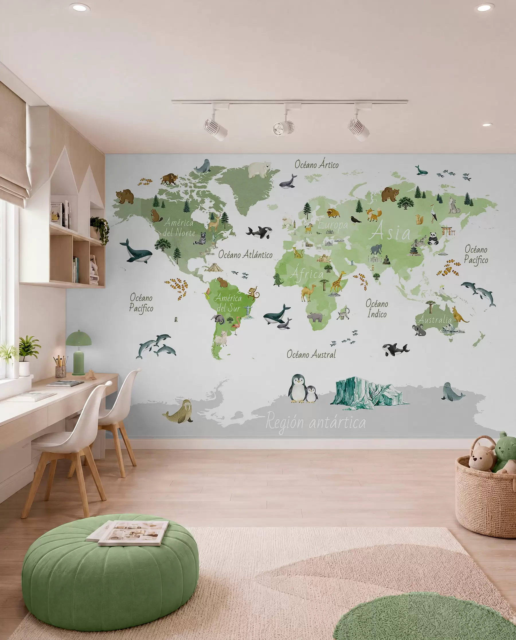 murales de pared Un mapa de Green en estilo acuarela con animales, plantas y arquitectura. Etiquetas en español c00009esv2