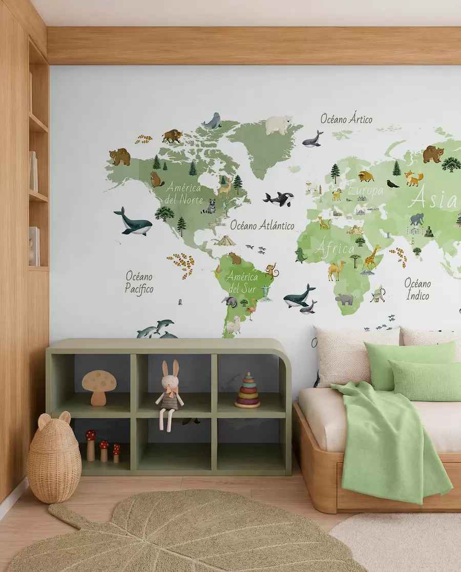 murales de pared Un mapa de Green en estilo acuarela con animales, plantas y arquitectura. Etiquetas en español c00009esv2