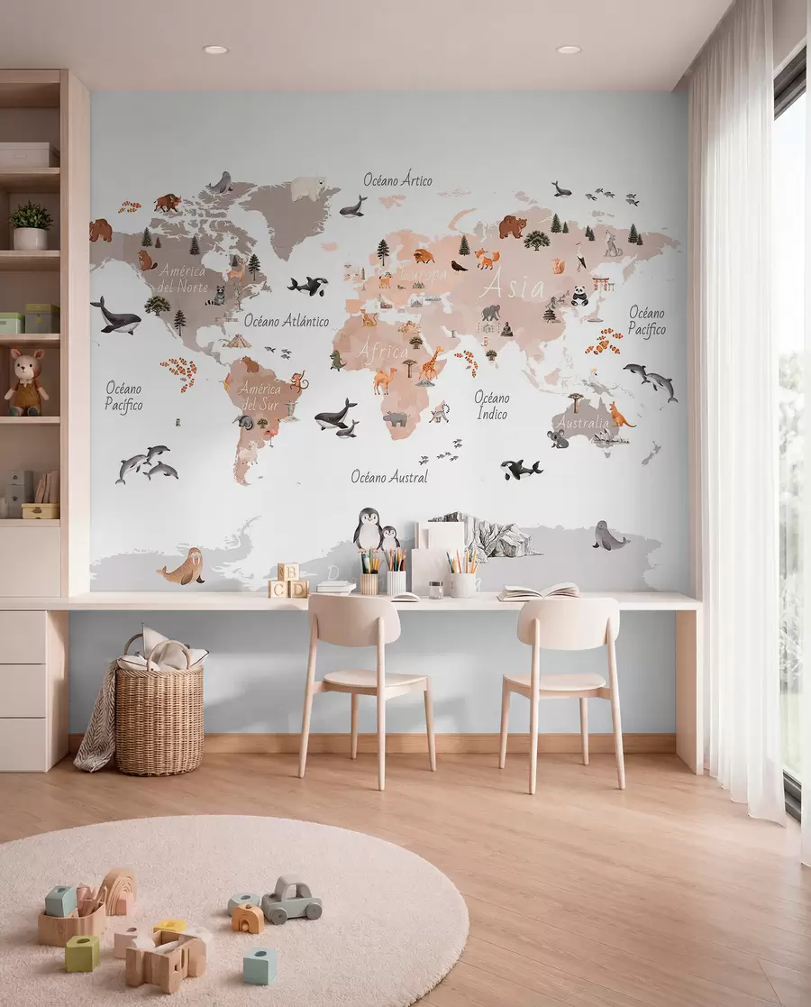 murales de pared Un mapa en tonos beige, con un estilo de acuarela, en el que aparecen animales, plantas y elementos arquitectónicos. Rótulos en español c00009esv3