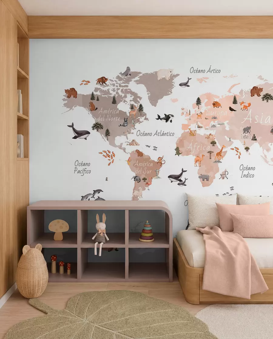 murales de pared Un mapa en tonos beige, con un estilo de acuarela, en el que aparecen animales, plantas y elementos arquitectónicos. Rótulos en español c00009esv3