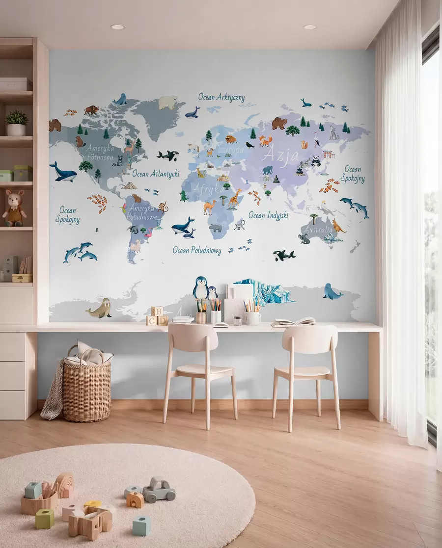 murales de pared Un mapa azul de estilo acuarela en el que aparecen animales, plantas y elementos arquitectónicos. Rótulos en polaco c00009plv1
