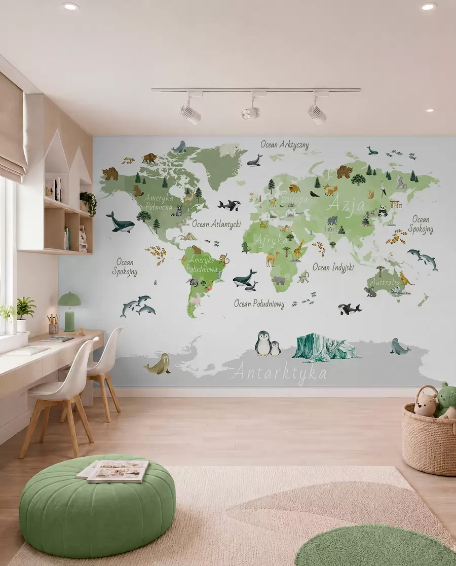 murales de pared Un mapa de Green en estilo acuarela con animales, plantas y arquitectura. Etiquetas en polaco c00009plv2