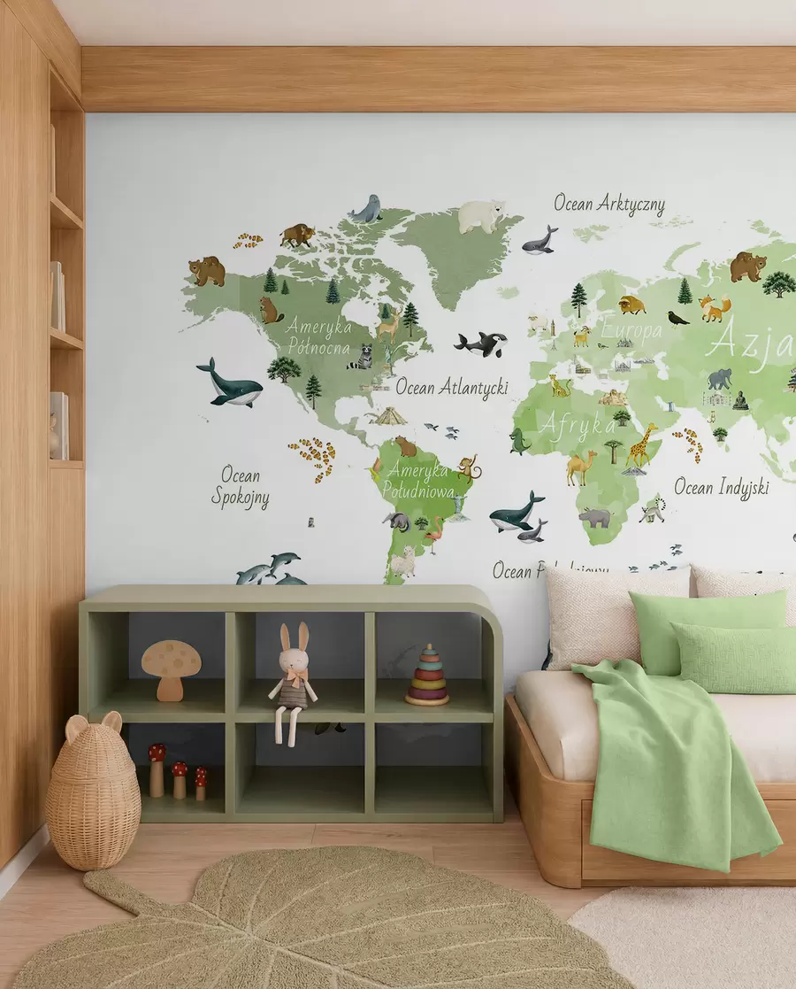 murales de pared Un mapa de Green en estilo acuarela con animales, plantas y arquitectura. Etiquetas en polaco c00009plv2