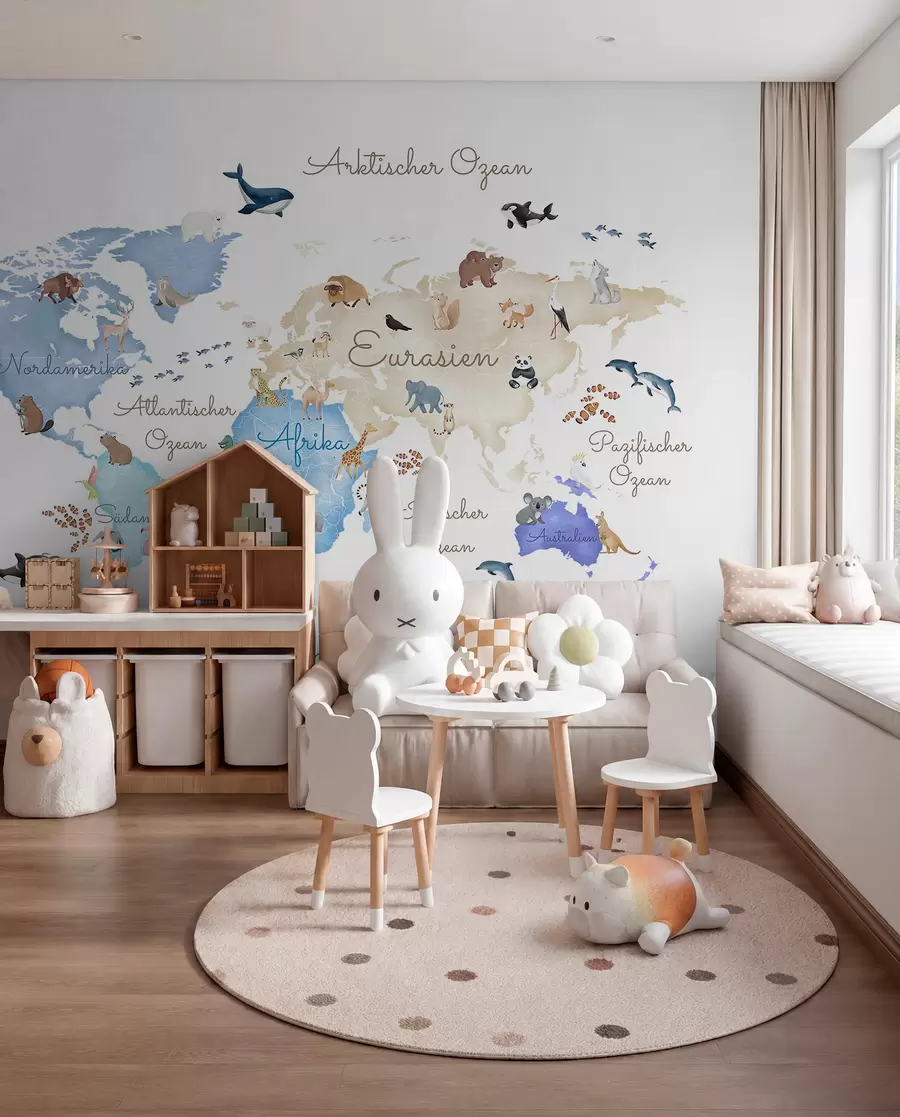 murales de pared Un mapa azul de estilo acuarela con animales. Etiquetas en alemán c00012dev1