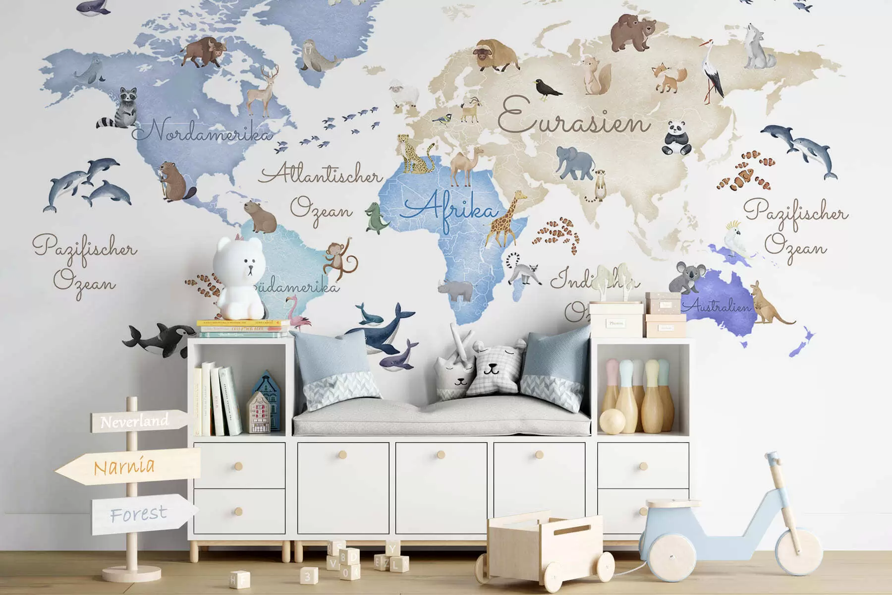murales de pared Un mapa azul de estilo acuarela con animales. Etiquetas en alemán c00012dev1