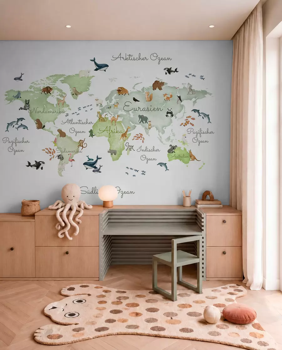 murales de pared Un mapa verde con estilo de acuarela en el que aparecen animales. Etiquetas en alemán c00012dev2