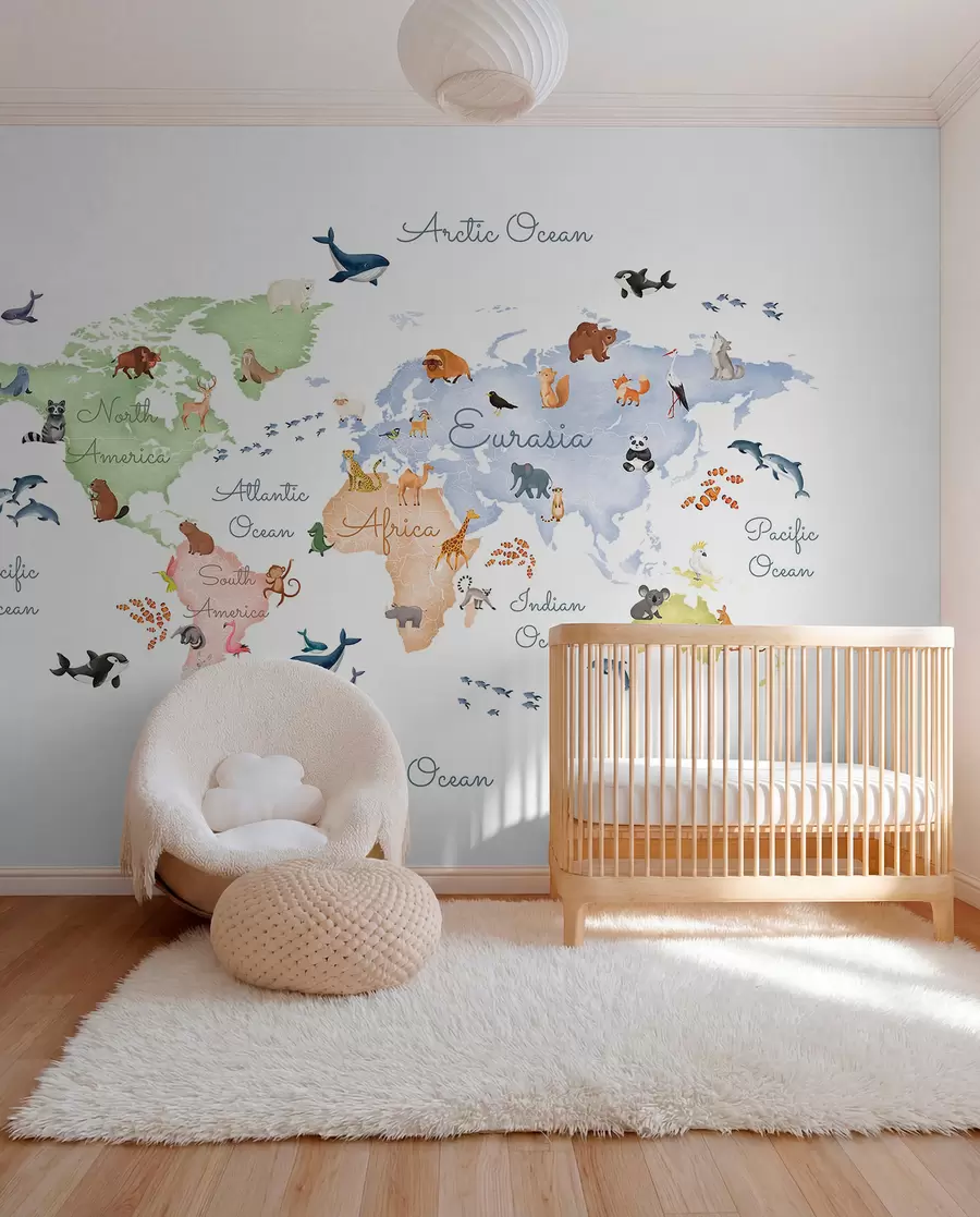 murales de pared Un mapa a color con estilo de acuarela en el que aparecen animales. Etiquetas en inglés c00012en