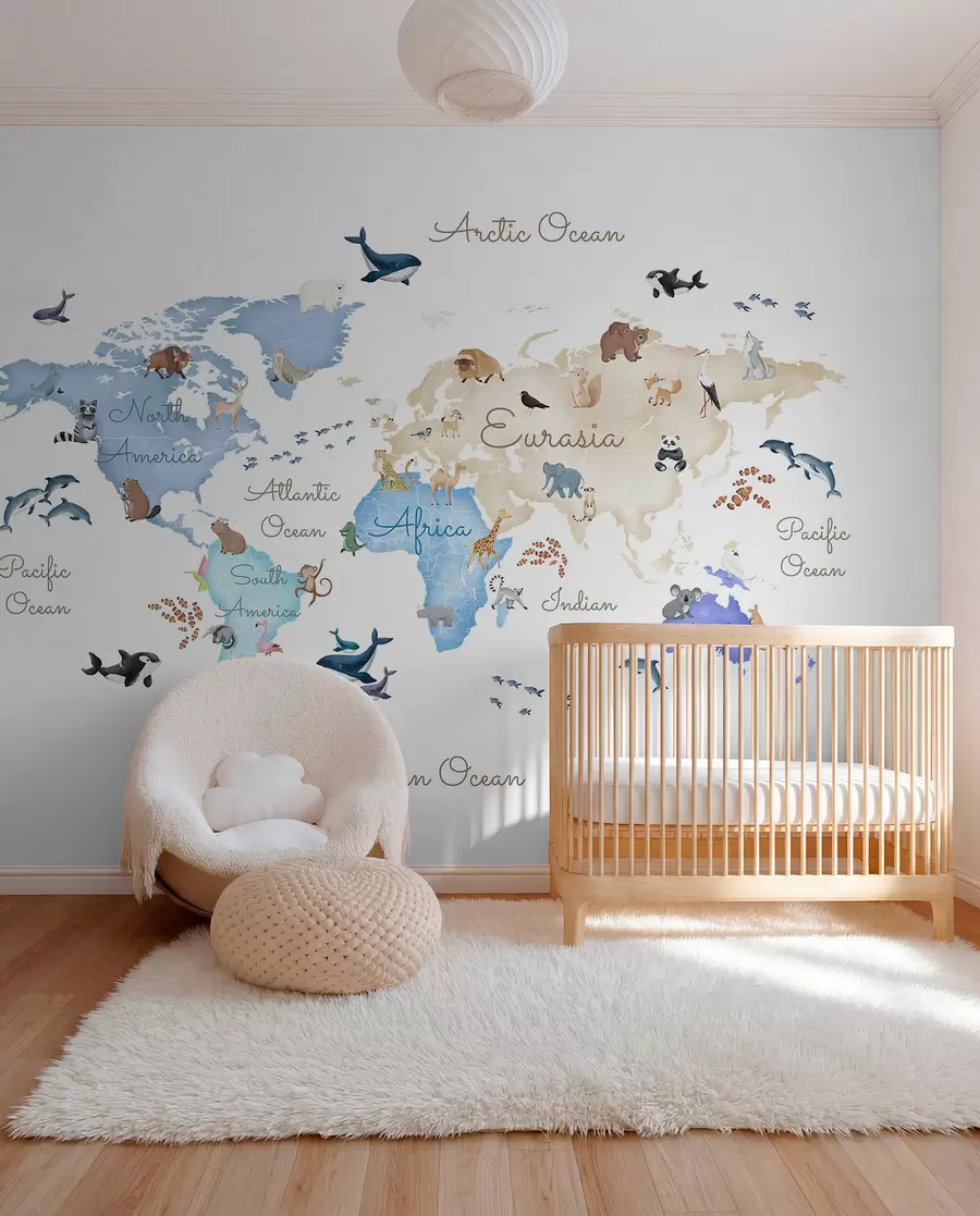 murales de pared Un mapa azul con estilo de acuarela en el que aparecen animales. Etiquetas en inglés c00012env1