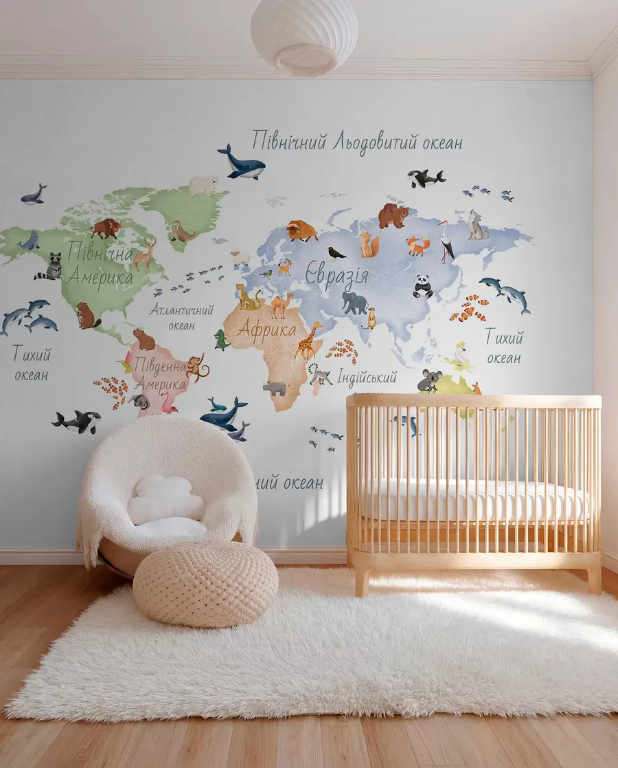 murales de pared Un mapa a color con estilo de acuarela en el que aparecen animales. Etiquetas en ucraniano c00012uk