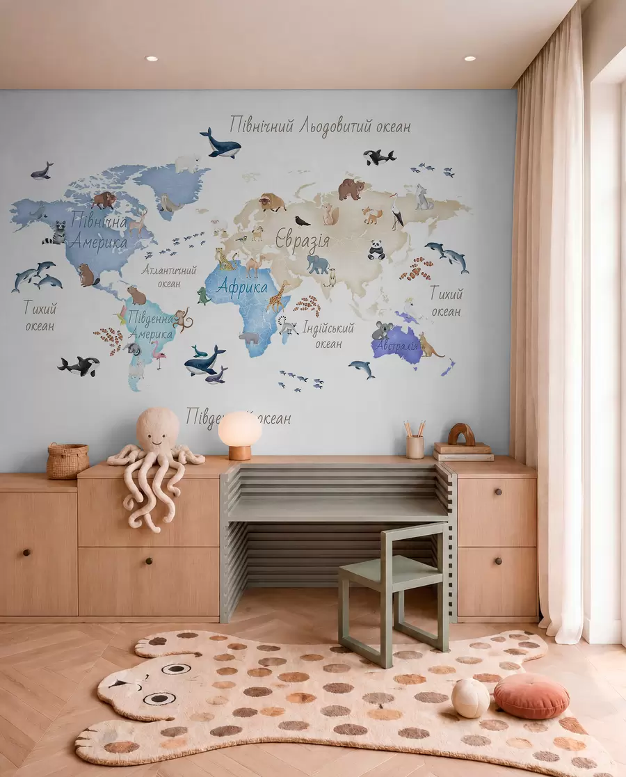murales de pared Un mapa azul con estilo de acuarela en el que aparecen animales. Etiquetas en ucraniano c00012ukv1