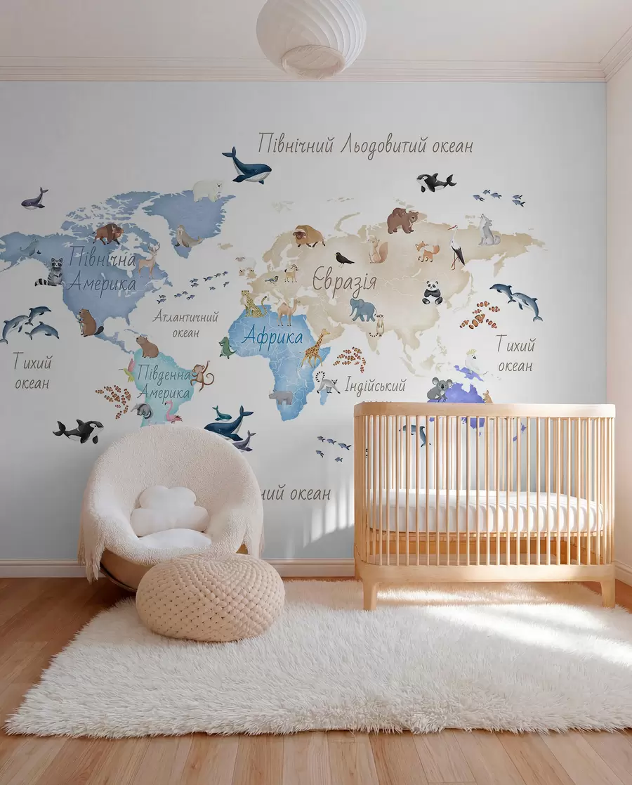 murales de pared Un mapa azul con estilo de acuarela en el que aparecen animales. Etiquetas en ucraniano c00012ukv1