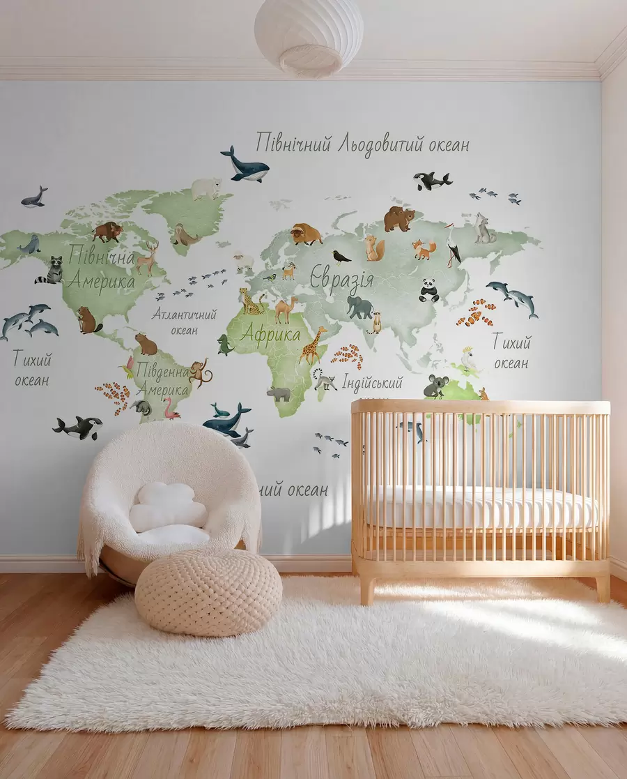 murales de pared Un mapa verde con estilo de acuarela en el que aparecen animales. Etiquetas en ucraniano c00012ukv2