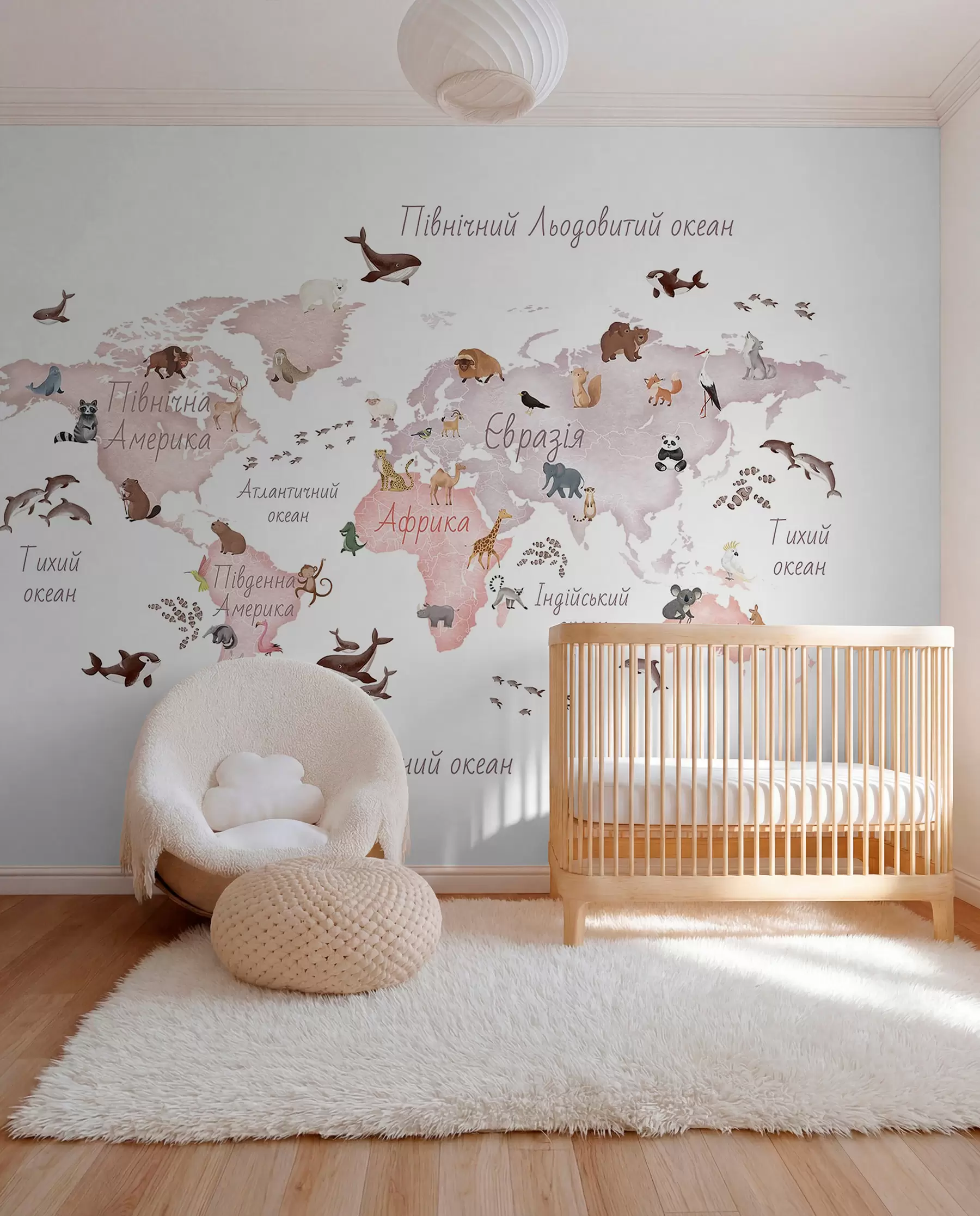 murales de pared Un mapa en tonos beige, con un estilo de acuarela, en el que aparecen animales. Rótulos en ucraniano c00012ukv3