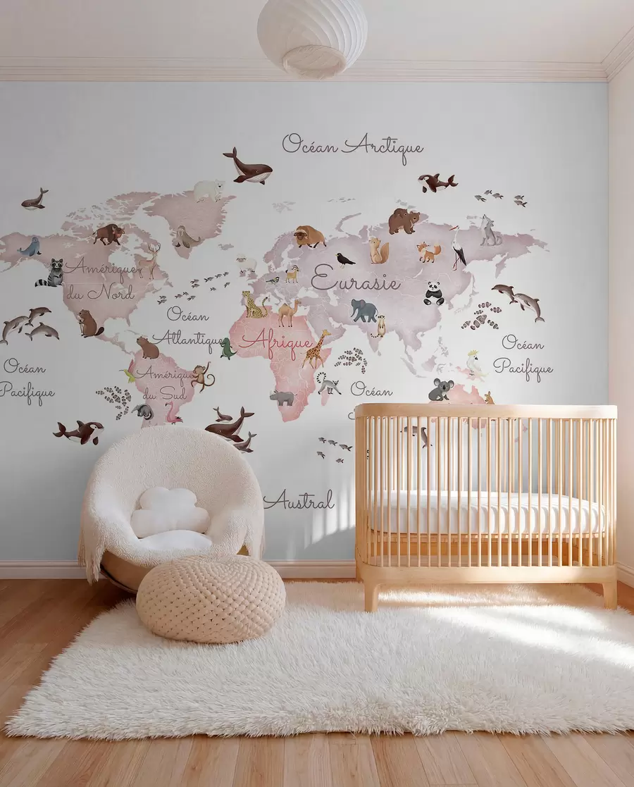 murales de pared Un mapa en tonos beige, con un estilo de acuarela, en el que aparecen animales. Rótulos en francés c00012frv3