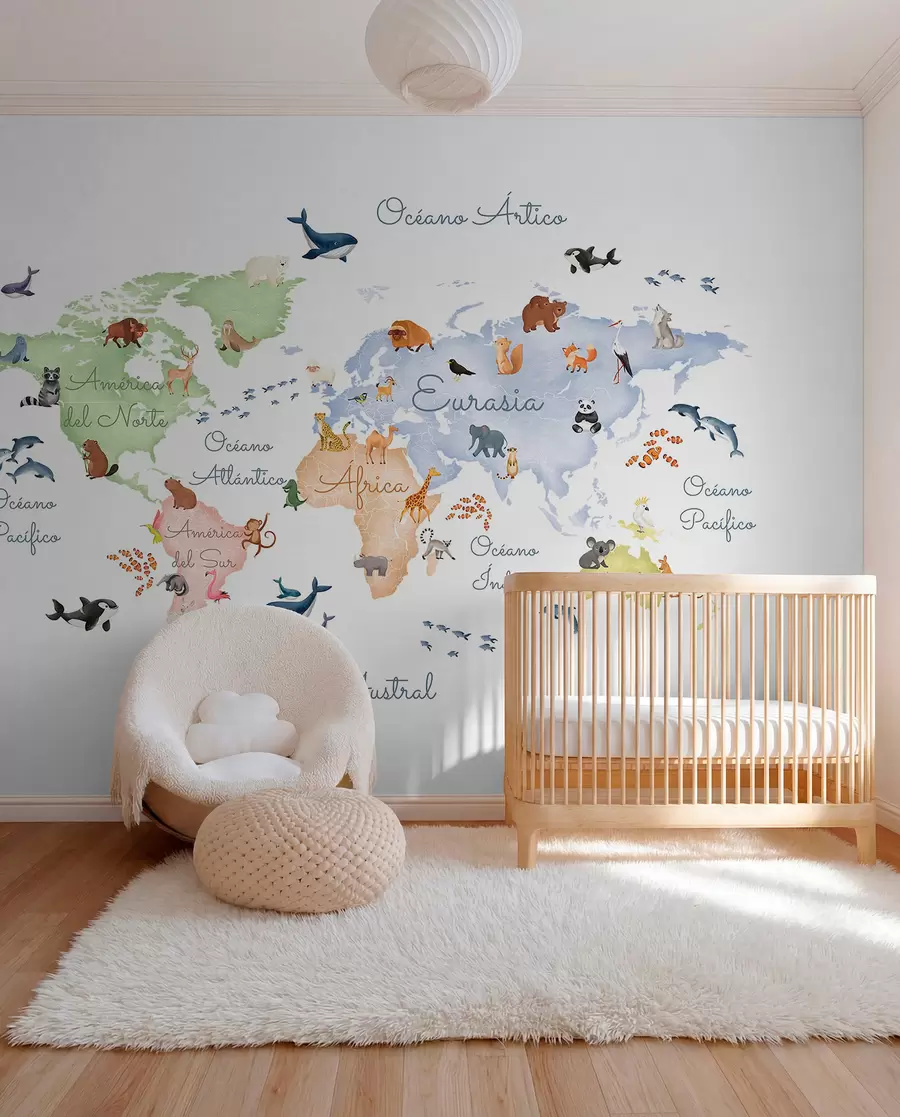 murales de pared Un mapa a color con animales, en estilo acuarela. Etiquetas en español c00012es