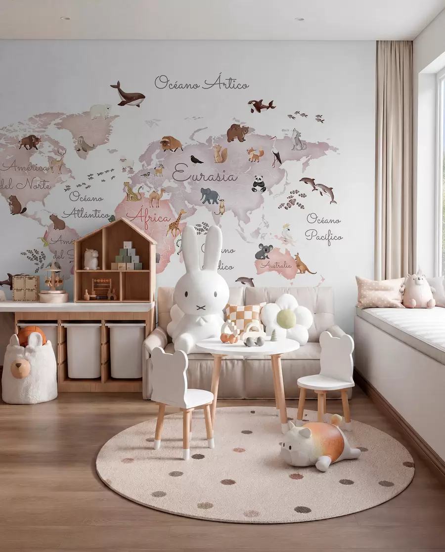 murales de pared Un mapa en tonos beige, con un estilo de acuarela, en el que aparecen animales. Rótulos en español c00012esv3
