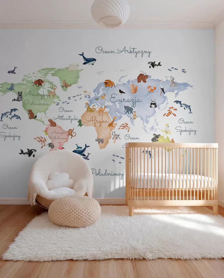 murales de pared Un mapa a color con estilo de acuarela en el que aparecen animales. Etiquetas en polaco c00012pl