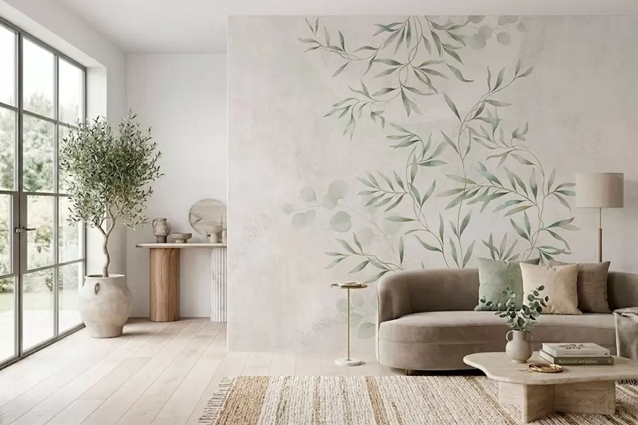 murales de pared Delikado estampado botánico con ramas finas sobre un fondo claro w05424
