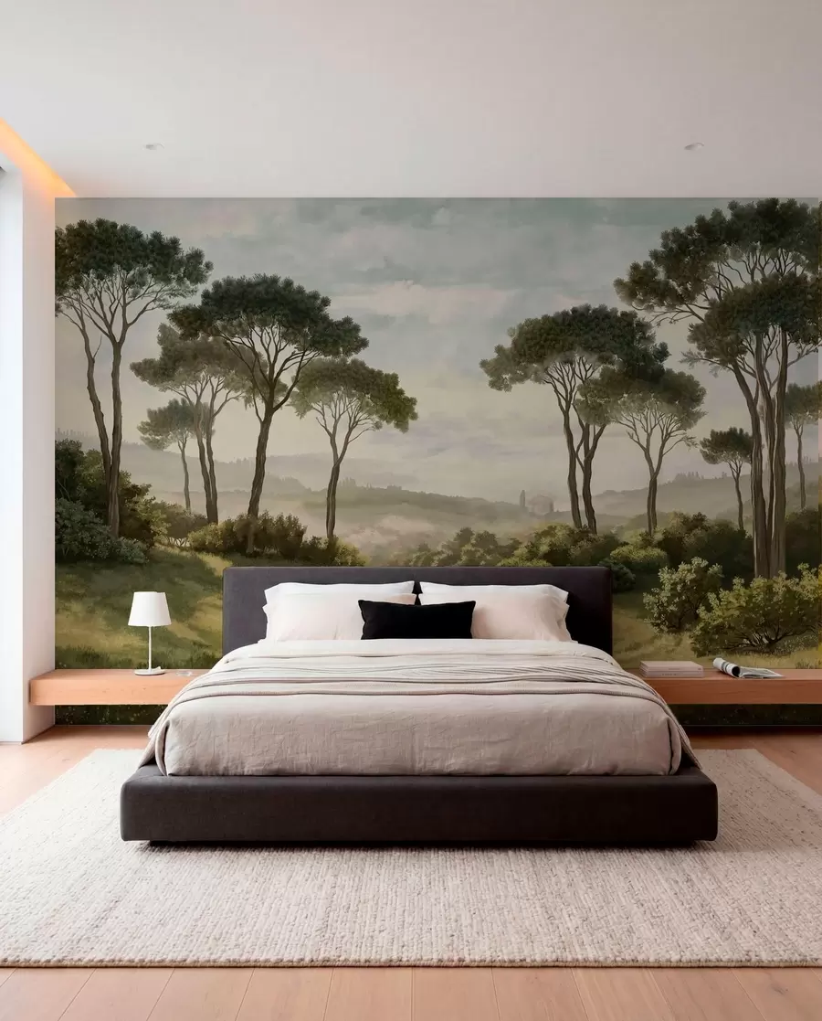 murales de pared Paisaje con árboles, pradera y neblina en la lejanía w05122v1