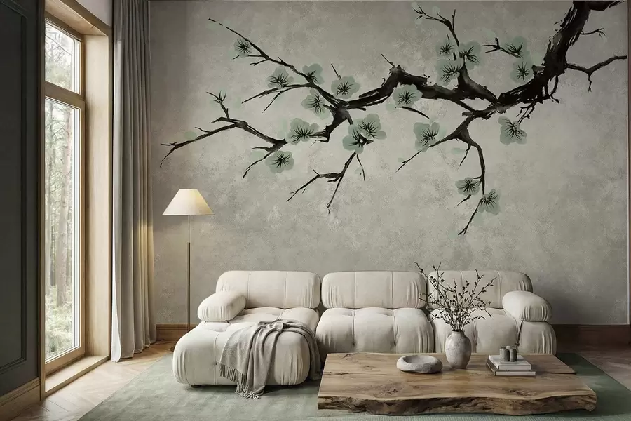murales de pared Rama con flores verdes en tonos suaves w05425v2