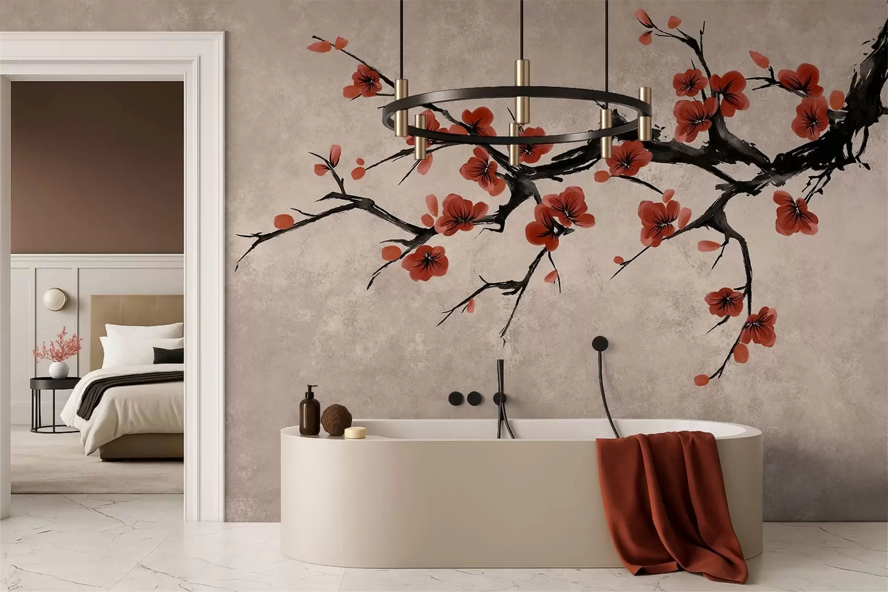 murales de pared Rama con flores de estilo oriental sobre fondo beige w05425v4