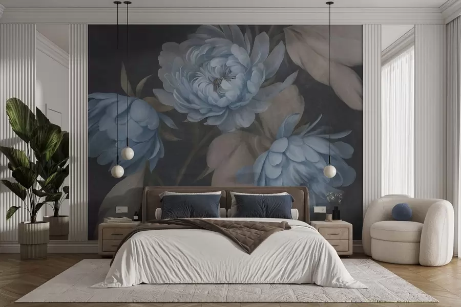 murales de pared Flores de peonía azul claro con textura y hojas de color beige sobre un fondo oscuro w09751