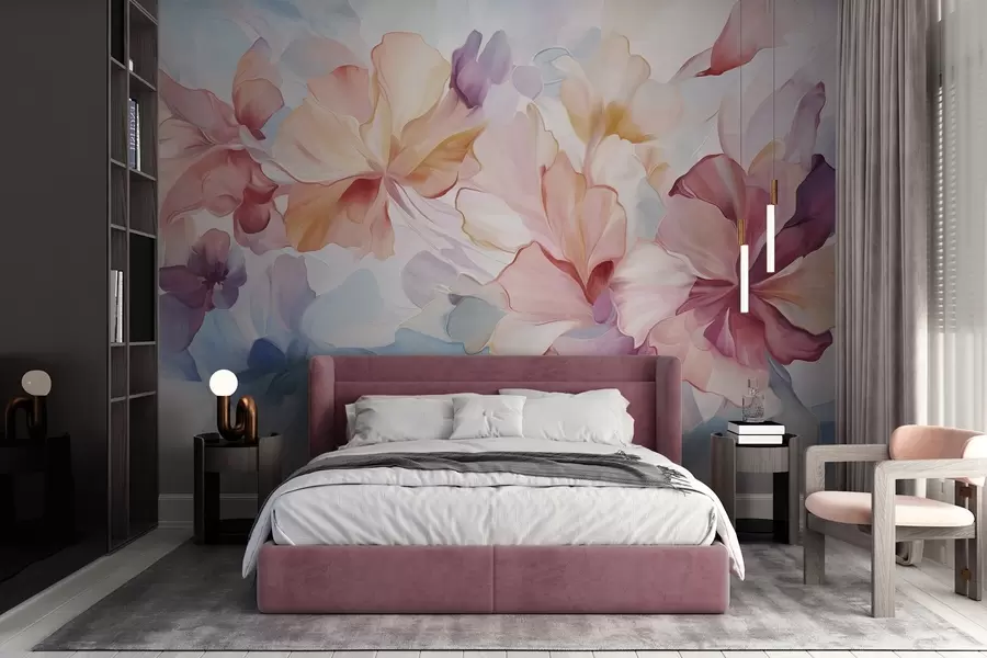 murales de pared Flores abstractas de fantasía en tonos rosa, melocotón y lavanda, en estilo pictórico y con textura w09767